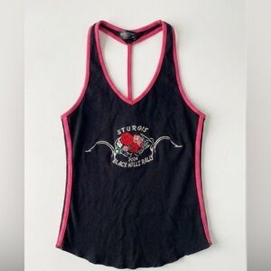 Vintage 2004 Sturgis Black Hills Rally Tank Top Medium Black Pink Rose Biker Y2K